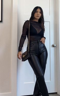 Business Casual Going Out Outfits, Jeans And A Top Night Out, Black Outfits Classy Plus Size, Black Jeans Going Out Outfit Night Out, Black Leather Flares Outfit, Dressed Up Casual Outfits, Bralette Outfit Night Out, Winter Casino Outfit, Warm Going Out Outfits Night