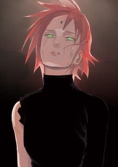 an anime character with pink hair and green eyes looking at the camera while wearing a black shirt