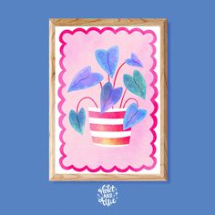 a painting with blue and pink flowers in a pot on top of a blue background