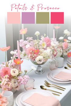 the table is set with pink and white flowers