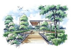 an artist's rendering of a garden with trees, shrubs and benches in the foreground