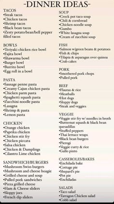 an image of dinner menus with different types of food on it, including chicken and vegetables