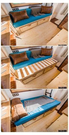 this is an image of a bed made out of pallet wood and mattresses