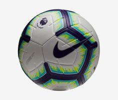 the nike strike soccer ball is shown in white, blue and yellow colors on a gray background