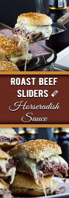 roast beef sliders with horseradish sauce are on the grill and ready to be served