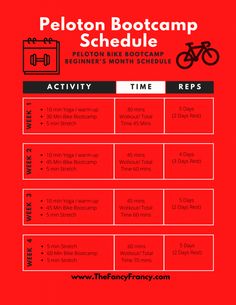 the peloton boot camp schedule is shown in red and black with an image of a