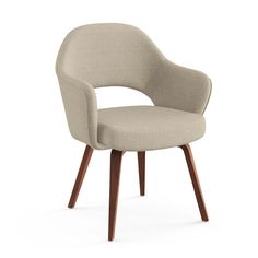 an upholstered chair with wooden legs and a beige fabric seat, viewed from the front