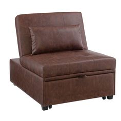 a brown leather chair with two pillows on the back and one seat folded over it