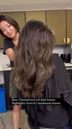 Dark Hair Color Ideas Asian, Asian Hair Subtle Highlights, Dark Brown Asian Hair With Highlights, Asian Brunette Hair Dark Brown, Ash Brown Hair Asian Dark, Dark Mushroom Brown Hair, Asian Highlights, Curls For Medium Length Hair, Hide Greys