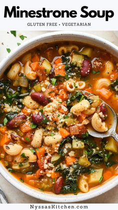 a white bowl filled with minestone soup and pasta