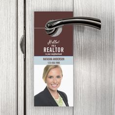 a door hanger with a photo of a woman on it that is attached to a wooden door