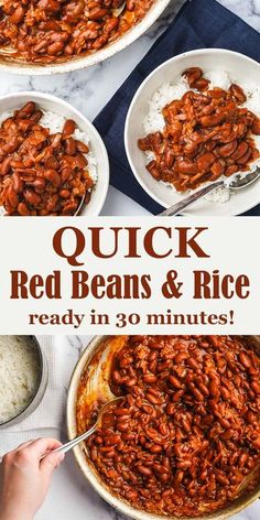 red beans and rice in a skillet with text overlay that reads quick red beans and rice ready in 30 minutes