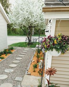 a small garden with flowers and plants in the window box on the side of a house