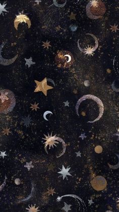 an image of stars and moon in the night sky on black fabric with gold foil