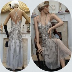 Full of grace and refinement this 1920's Great Gatsby style flapper dress, crafted with an array of quality materials, heavily embellished with silver glass beads and sequins on a light grey mesh, combined to create an unique Art Deco, amazing pattern. A sumptuous creation for a sophisticate mysterious women, this dress has a V neckline and a deep shape on the back beautifully detailed, a luxurious blend of textures and shades together, creating light and dept, exudes timeless romance and beauty 1920s Embellished Flapper Cocktail Dress, 1920s Beaded Fitted Flapper Dress, Art Deco Flapper Dress With Sequins For Evening, Art Deco Sequin Flapper Evening Dress, 1920s Embellished Flapper Dress, Art Deco Flapper Dress With Sequins, 1920s Embellished Fitted Flapper Dress, 1920s Embellished Cocktail Flapper Dress, Evening Gatsby Style Beaded Flapper Dress