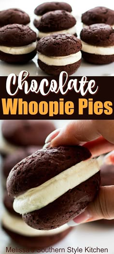 chocolate whoopie pies with white frosting on top and in the middle