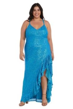 This dress fans away the beauty so attractive | Morgan & Co Long V Front W Ruffle, Turquoise, 14W High Low Prom Dress, Plus Size Sequin, Morgan Dress, High Low Gown, Long Formal Gowns, Prom Long, Long Evening Gowns, Gowns Online, Open Back Dresses