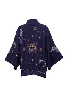 Our bestselling kimono jackets have Japanese inspired wide sleeves. They are fully lined so a good weight for wearing out of the  house over dresses or with jeans to add style with ease to any outfit! This navy blue kimono features gold and ivory cosmos embroidery. The stars, the heavens and mythical beasts are playfully embroidered on this stunning kimono that is a piece of wearable art. The outer fabric and lining are 100% Viscose.  Dry clean only. Cosmos Embroidery, Navy Blue Kimono, Blue Cosmos, Mythical Beasts, Blue Kimono, Stocking Fillers For Her, Forever Jewelry, Short Kimono, The Heavens