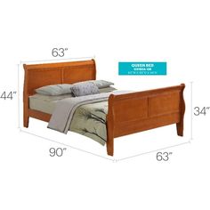 a bed with measurements for the frame and headboard, including two pillows on each side