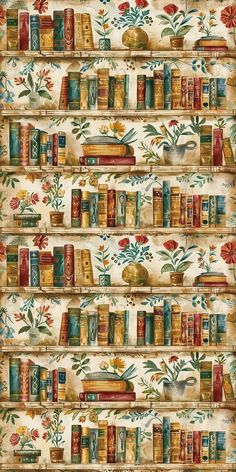 a wallpaper with books and flowers on the top shelf, painted in watercolor