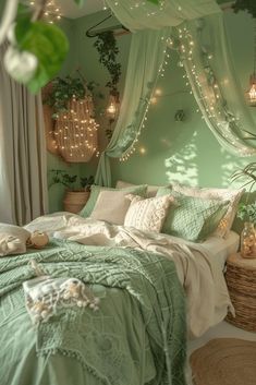 a bedroom with green walls and lights on the headboard, bed in between two wicker baskets