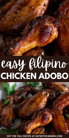 easy ellipino chicken adobo recipe on a white plate with parsley