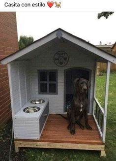 a dog house with a hot tub on the outside and a large black dog sitting in it