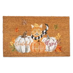 a door mat with a cat sitting on top of pumpkins and the words grateful