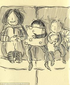 a drawing of three children sitting on a couch