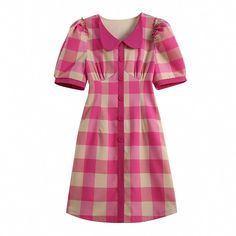 Olivia Mark - Sweet Doll Collar Puff Sleeve Waist-Cinched Plaid Dress Doll Collar Dress, Split Hem Dress, Doll Collar, Wrap Around Skirt, Bubble Sleeve, Sleeves Clothing, Printed Shirt Dress, Home Dress, Future Fashion