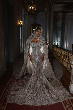 a woman in a silver gown and cape