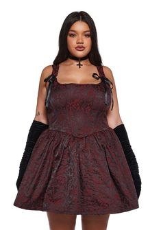 This mini dress has a brocade construction, satin tie shoulders, structured boning, a back lace-up design, and a side zip closure. Punk Pants, Dark In Love, Victorian Goth, Pride Outfit, Halloween Items, Halloween Sale, Trendy Clothes For Women, Red Mini Dress, Dress Red