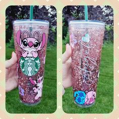 the starbucks cup has pink glitter and is decorated with an image of a cartoon character