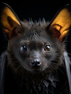 a close up of a bat with very large ears and yellow eyes, looking at the camera