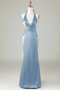 Vintage Floor Length Dresses, Pale Blue Long Dress, Colorful Satin Dress, Long Dusty Blue Dress, Halter Strap Prom Dress, Open Back Formal Dress Long, Satin Blue Prom Dress, Wedding Made Of Honor Dresses, Light Blue Fancy Dress