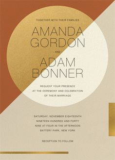 an elegant wedding card with gold foil on the front and bottom, featuring a circular design