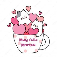 two cats sitting in a cup with hearts