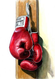 a drawing of a pair of red boxing gloves hanging on a wooden door frame with a sign that says,