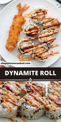 different types of sushi on plates with the words dynamite roll in front of them