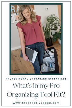 a woman holding an open suitcase with the words what's in my pro organizing tool kit?