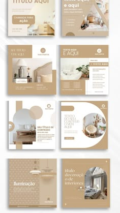 a set of brochures for interior design and decorating with different colors, shapes and sizes