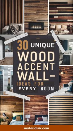 30 unique wood accent wall ideas for every room, collage of different wood wall designs. Wall Accent Wood Panel, Slanted Wood Wall, Diagonal Wall Design, Accent Wall Bedroom Wood Panel, Wood Wall In Bedroom Ideas, Accent Wall With Flooring, Laminate Wall Ideas Living Room, Wall Headboard Ideas Diy Wood, Custom Feature Accent Wall