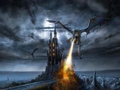 a dragon flying over a castle on top of a hill with fire coming out of it