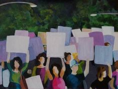 a painting of people holding up signs in front of trees and street lights at night