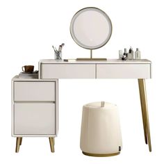 a white desk with a mirror and stool