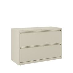 two drawer filing cabinet with wheels on the front and bottom drawers, in light grey