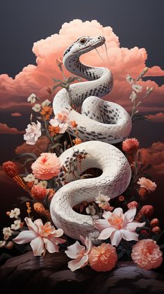 a painting of a snake on top of flowers