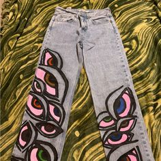 Size 27, Never Worn! Straight Leg Fitting, Comfortable! Hand Painted High Eyes On Front, And Stripped Back Pockets Along With A “Painted Tears” Logo On The Back! Hand Painted Pants Ideas, Painted Pants Design, Painted Pants Idea, Custom Pants Ideas, Hand Painted Pants, Painting On Jeans, High Eyes, Painted Pants, Hand Painted Jeans