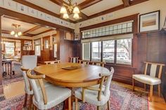 a dining room table with chairs around it