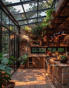 an outdoor kitchen with lots of plants in it